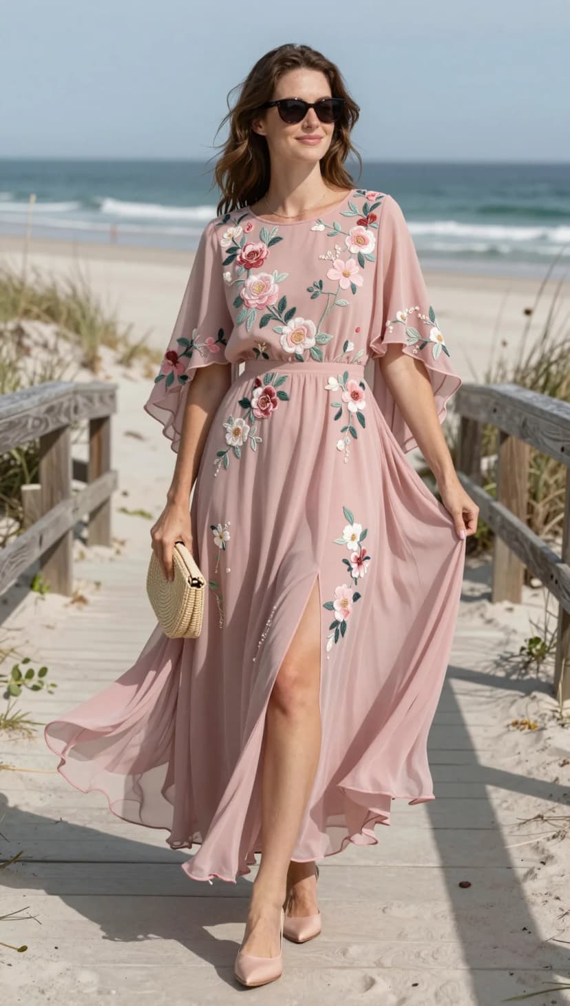 Blush Chiffon Embroidered Maxi Dress + Blush Satin Heels + Woven Clutch
