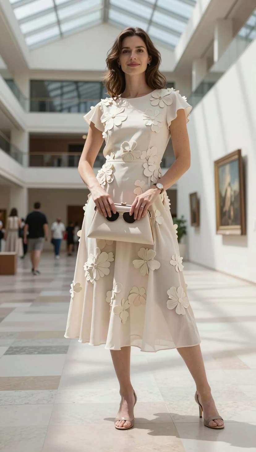 Cream Floral Applique Midi Dress + Nude Strappy Heels + Cream Clutch