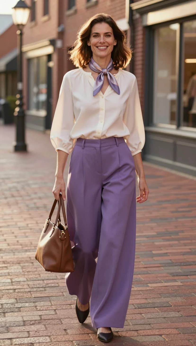 Cream Silk Blouse + Lavender Wide-Leg Trousers + Brown Leather Tote