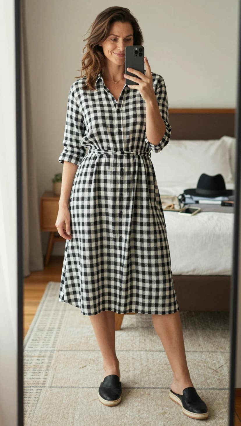 Black and White Gingham Cotton Shirt Dress + Black Suede Mules
