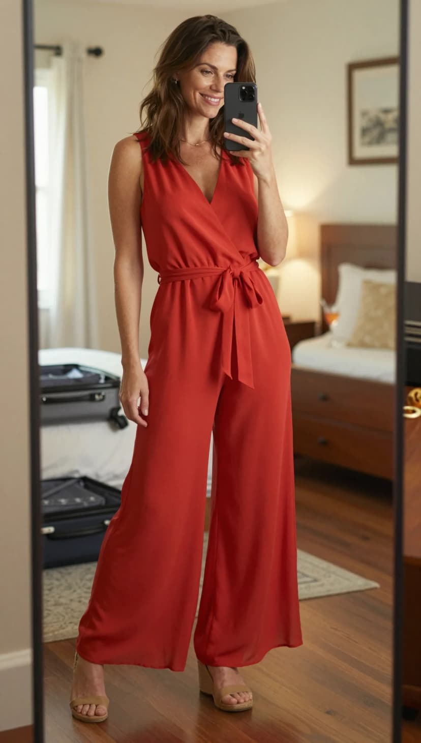 Red Viscose Wrap Jumpsuit + Tan Suede Wedge Sandals