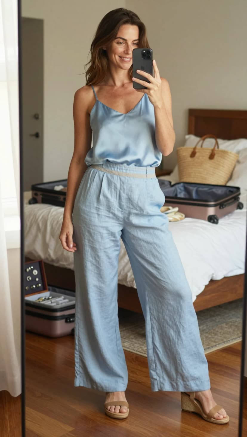 Sky Blue Satin Camisole + Light Blue Linen Wide-Leg Pants + Tan Wedge Sandals