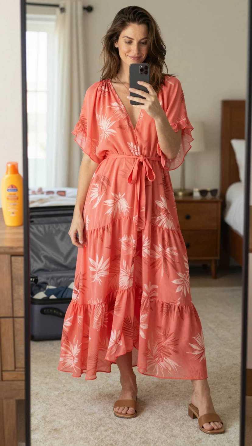 Coral Chiffon Tropical Print Maxi Dress + Tan Leather Slide Sandals