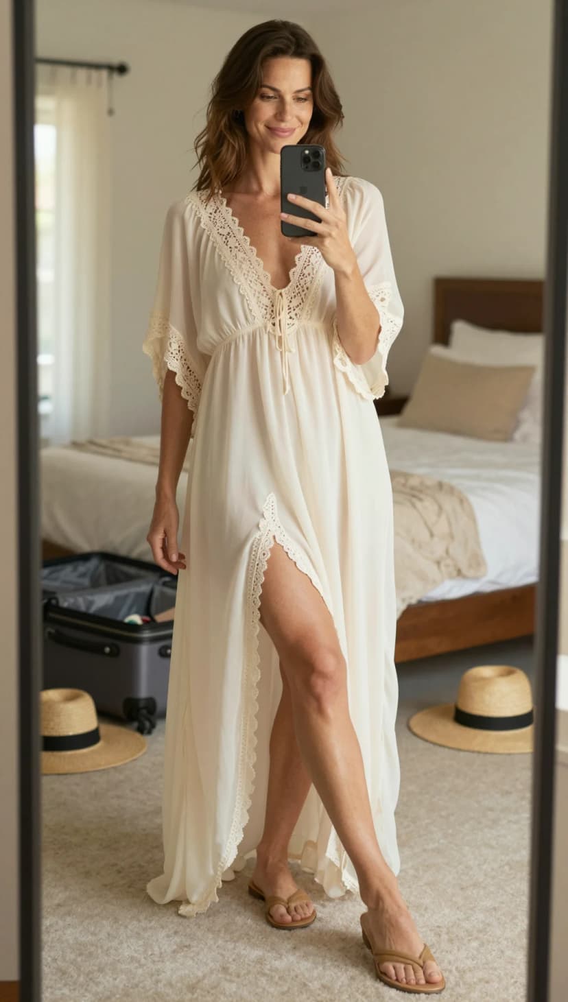Cream Chiffon Maxi Dress + Tan Leather Flip-Flops