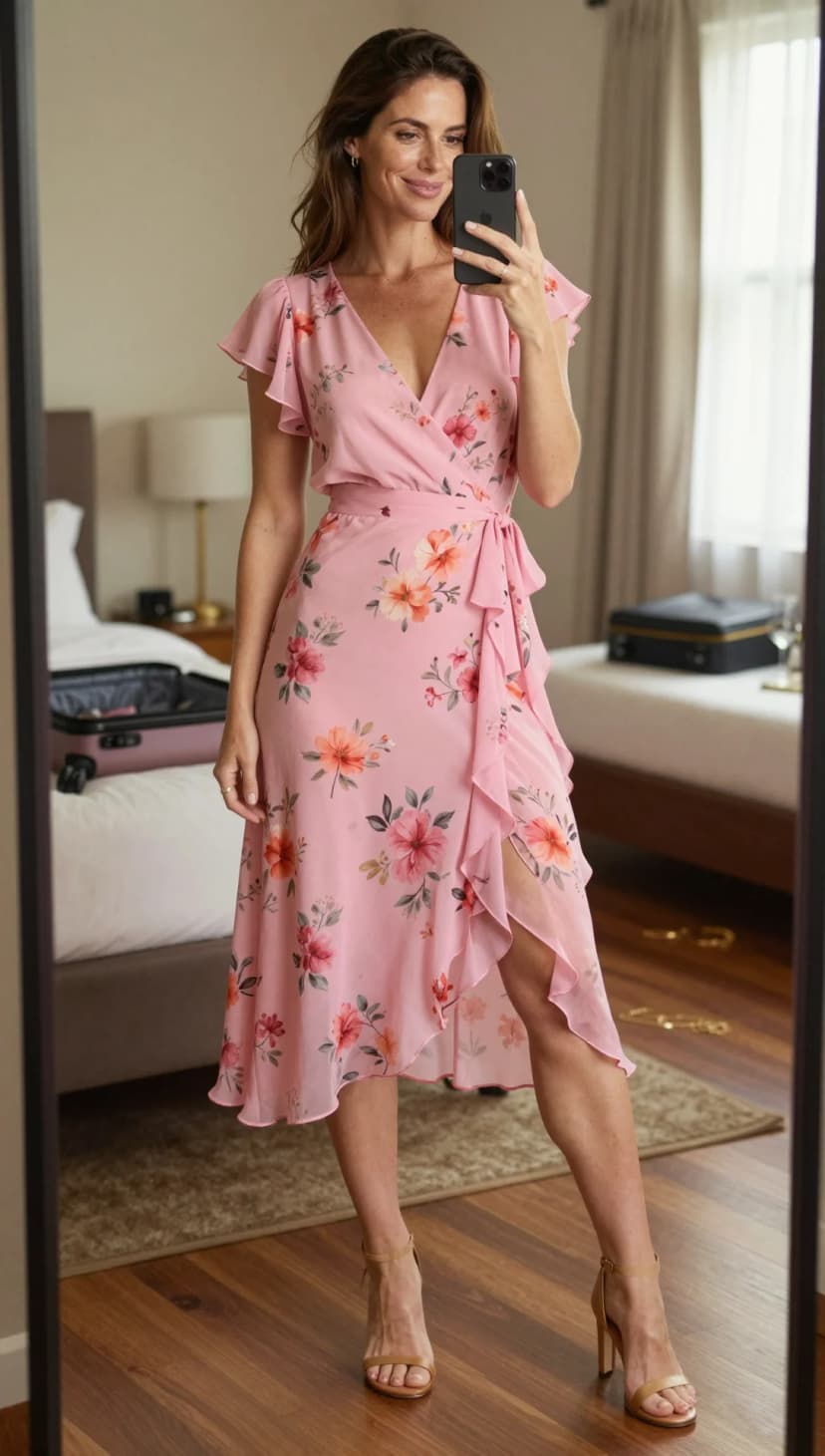 Pink Floral Chiffon Wrap Dress + Nude Strappy Heels