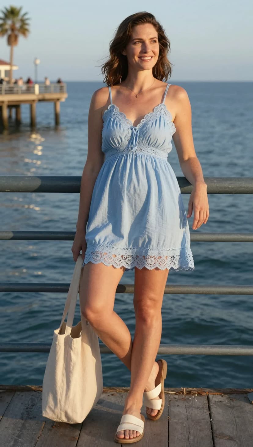 Light Blue Cotton Sundress + Cream Canvas Tote Bag + Cream Leather Slides