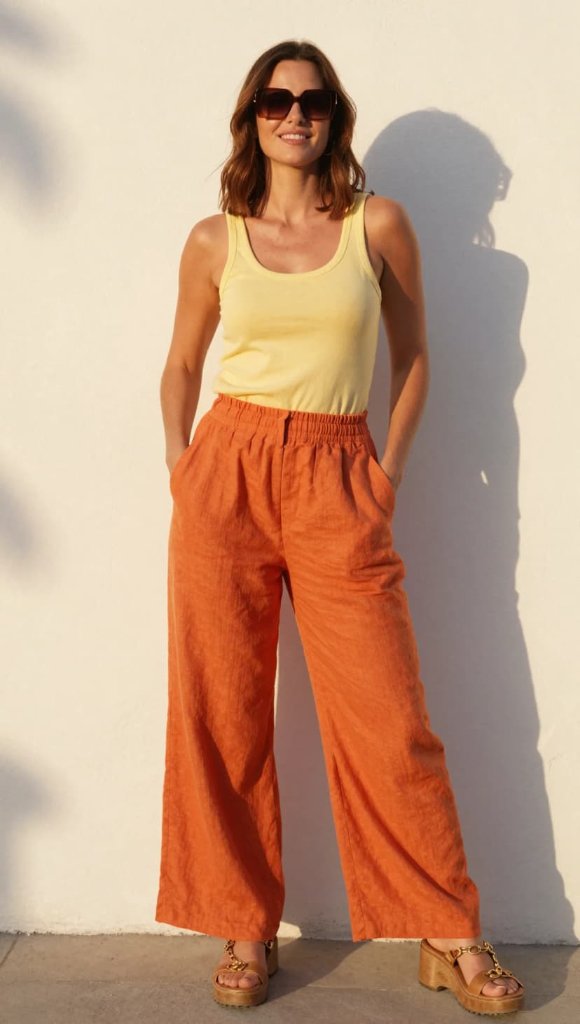 Yellow Cotton Tank Top + Orange Linen Wide-Leg Pants + Tan Platform Sandals
