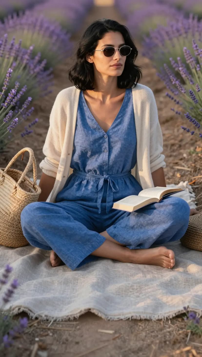 Blue Linen Jumpsuit + Cream Knit Cardigan + Round Sunglasses