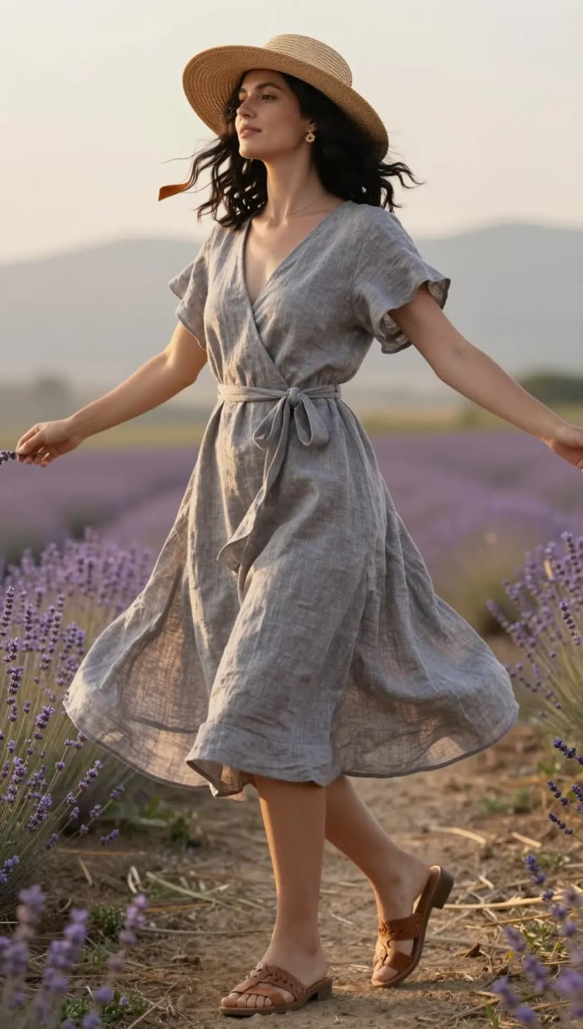Grey Linen Wrap Midi Dress + Straw Wide-Brim Hat + Tan Woven Slide Sandals