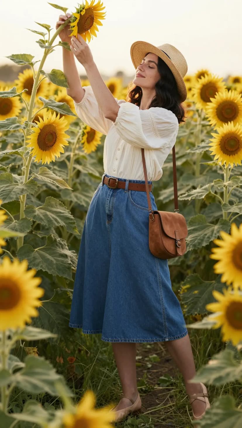 Cream Textured Blouse + Blue Denim Midi Skirt + Tan Leather Belt + Tan Suede Crossbody Bag + Tan Ballet Flats