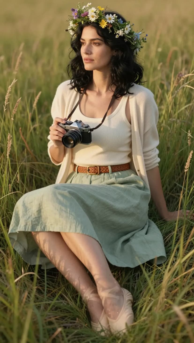 Cream Ribbed Tank Top + Sage Linen Midi Skirt + Tan Woven Belt + Cream Knit Cardigan + Nude Ballet Flats