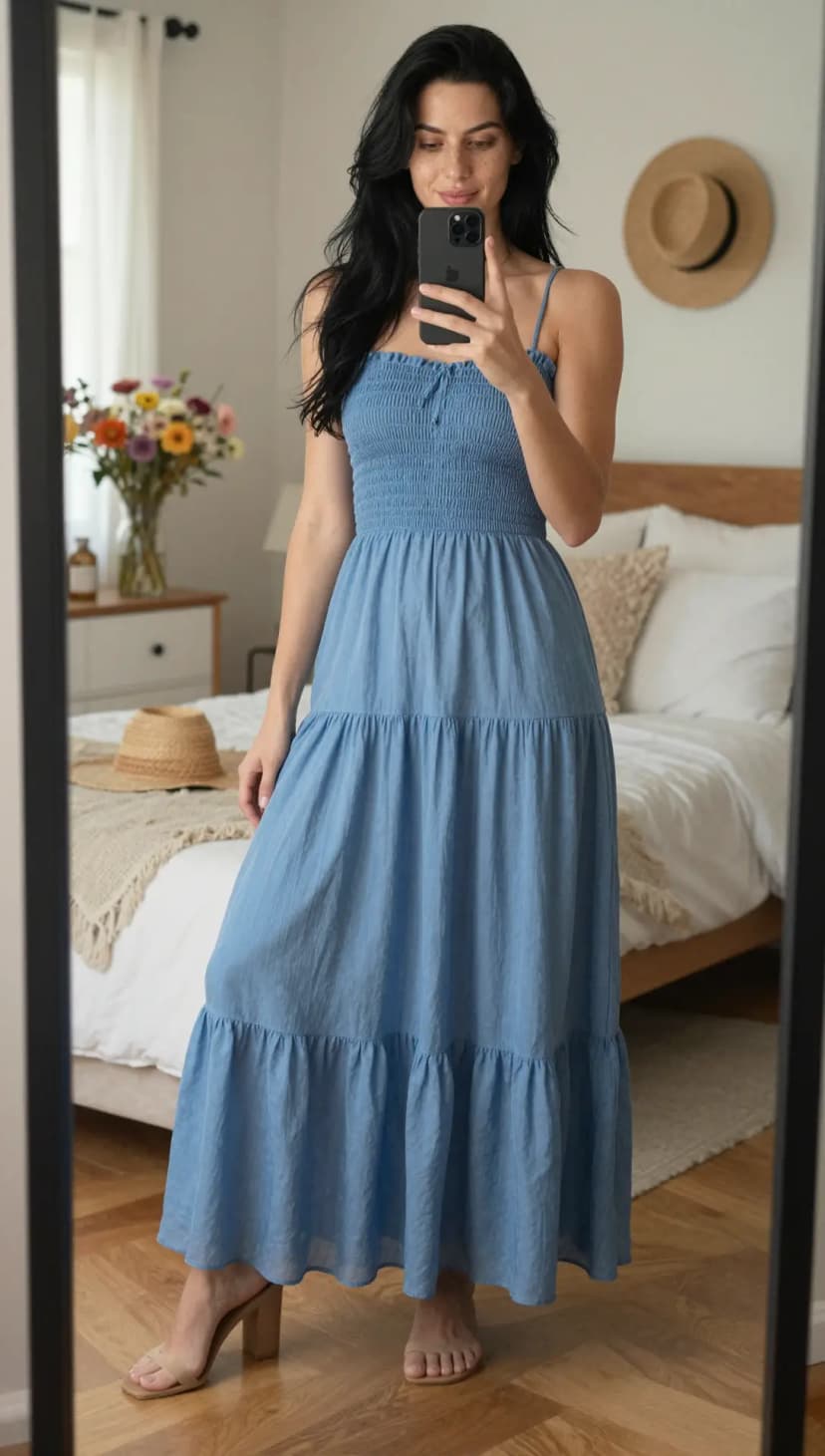 Blue Smocked Maxi Dress + Tan Block Heels