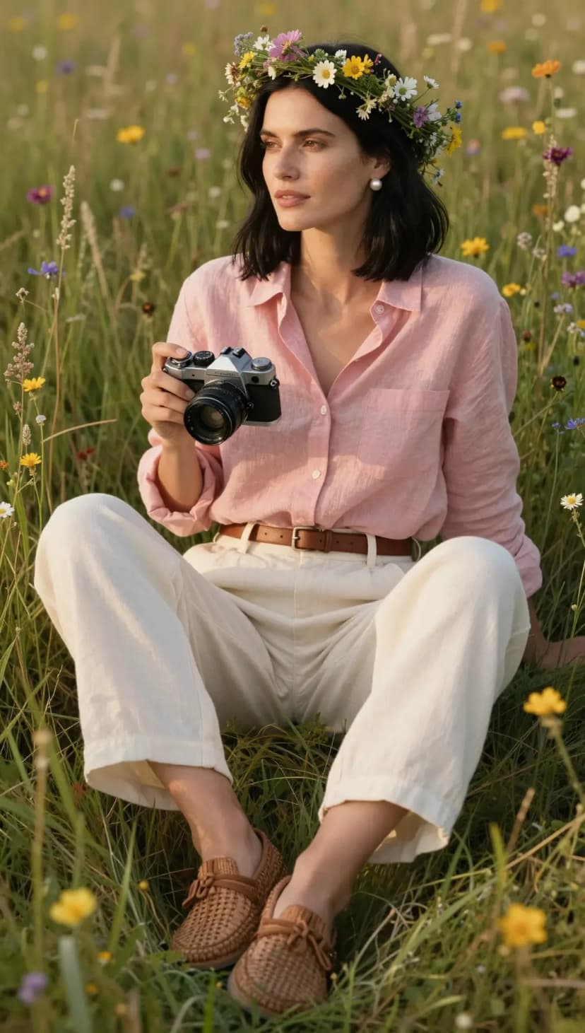 Pink Linen Button-Up Shirt + Cream Linen Trousers + Brown Leather Belt + Brown Woven Loafers