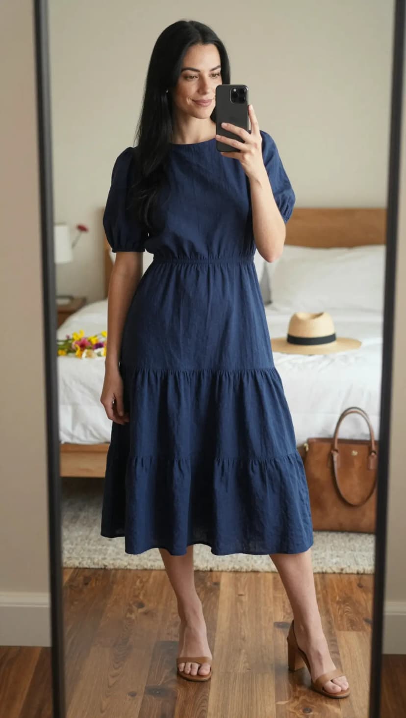 Navy Linen Tiered Midi Dress + Tan Leather Block Heels