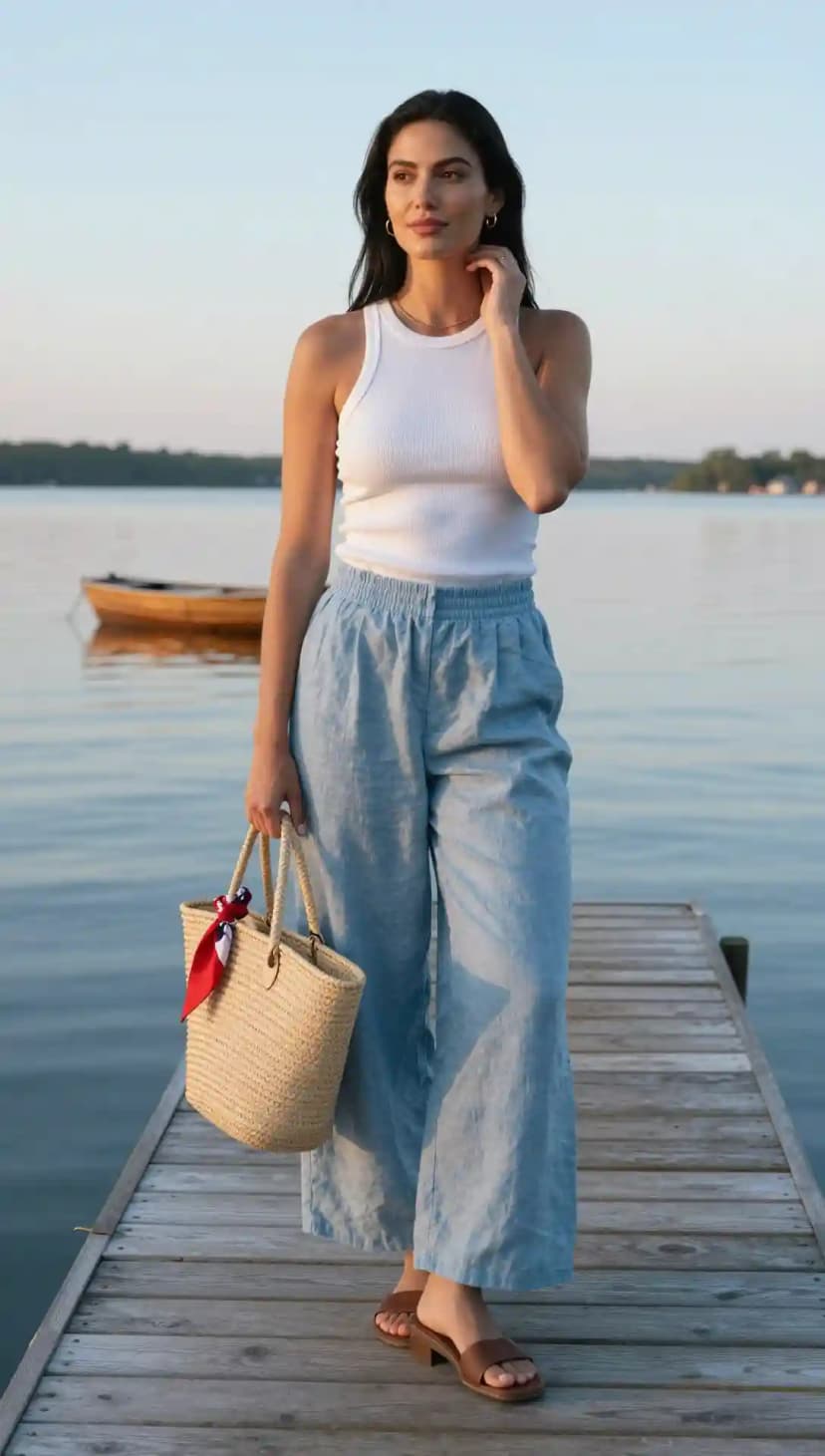 White Ribbed Tank Top + Light Blue Linen Pants + Straw Tote Bag