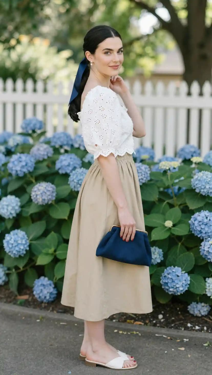 White Eyelet Top + Khaki Midi Skirt + Navy Clutch