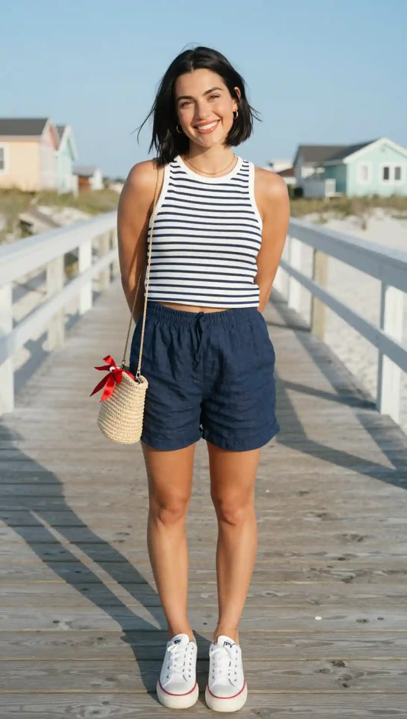 Striped Tank Top + Navy Linen Shorts + Straw Bag