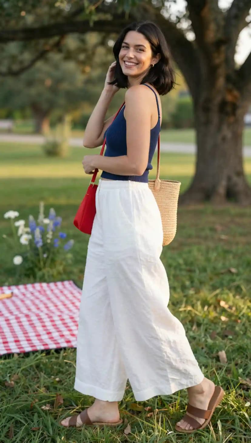 Navy Ribbed Tank Top + White Linen Wide-Leg Pants