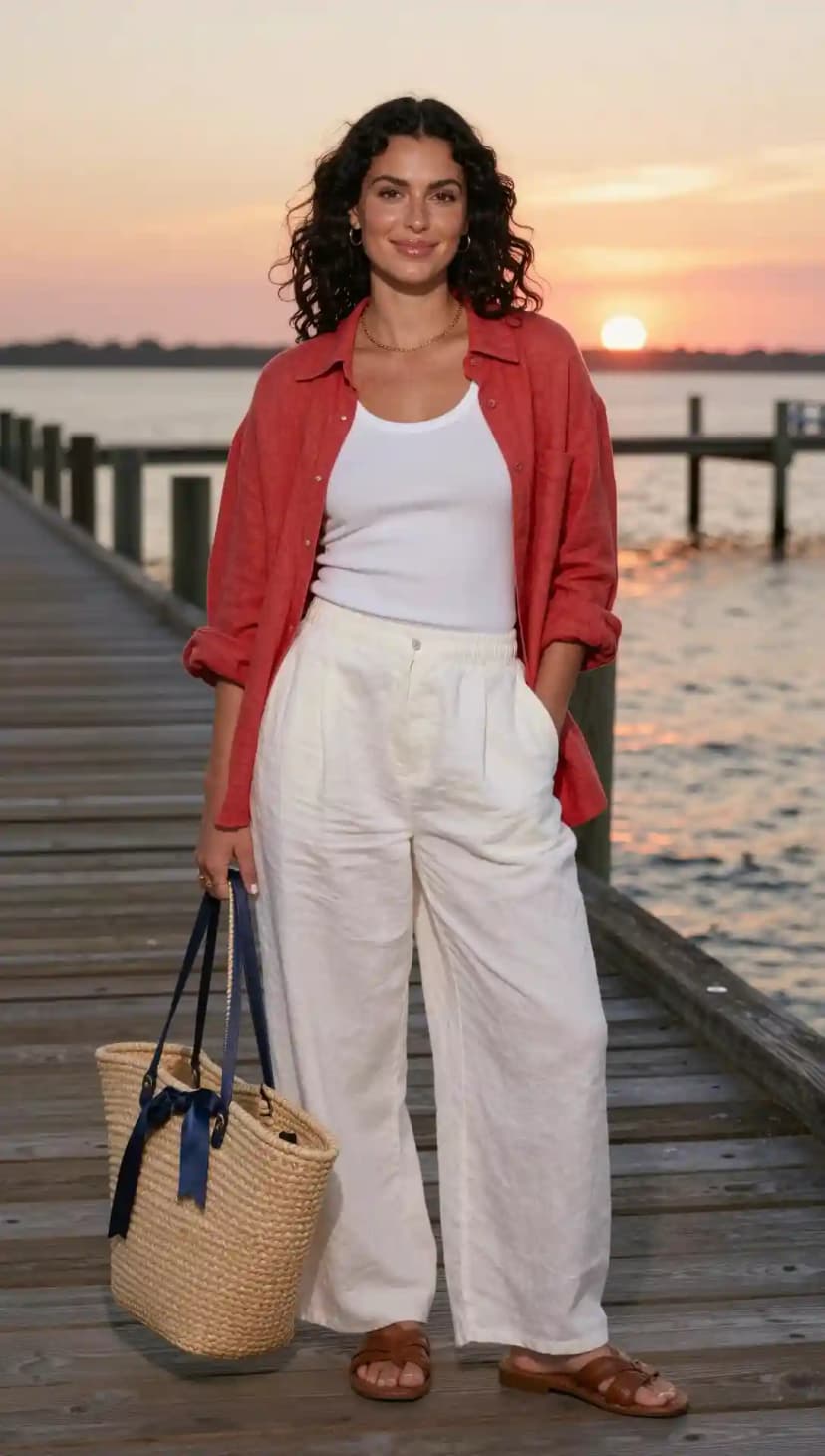Coral Linen Shirt + White Ribbed Tank Top + White Linen Pants