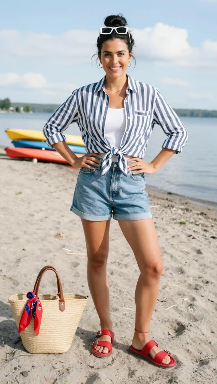 Blue Striped Shirt + White Tank Top + Denim Shorts