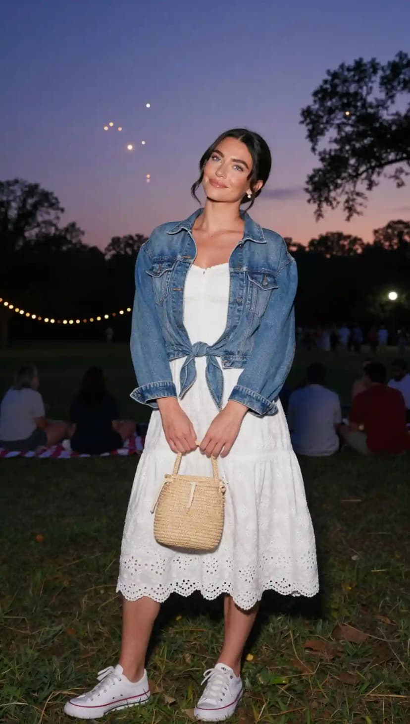 White Eyelet Dress + Denim Jacket + Straw Bag