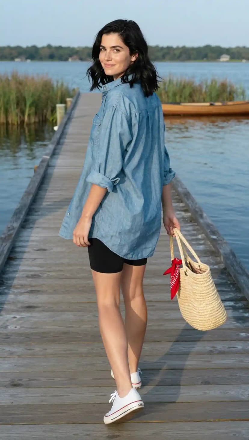 Chambray Shirt + Black Bike Shorts + Straw Tote Bag