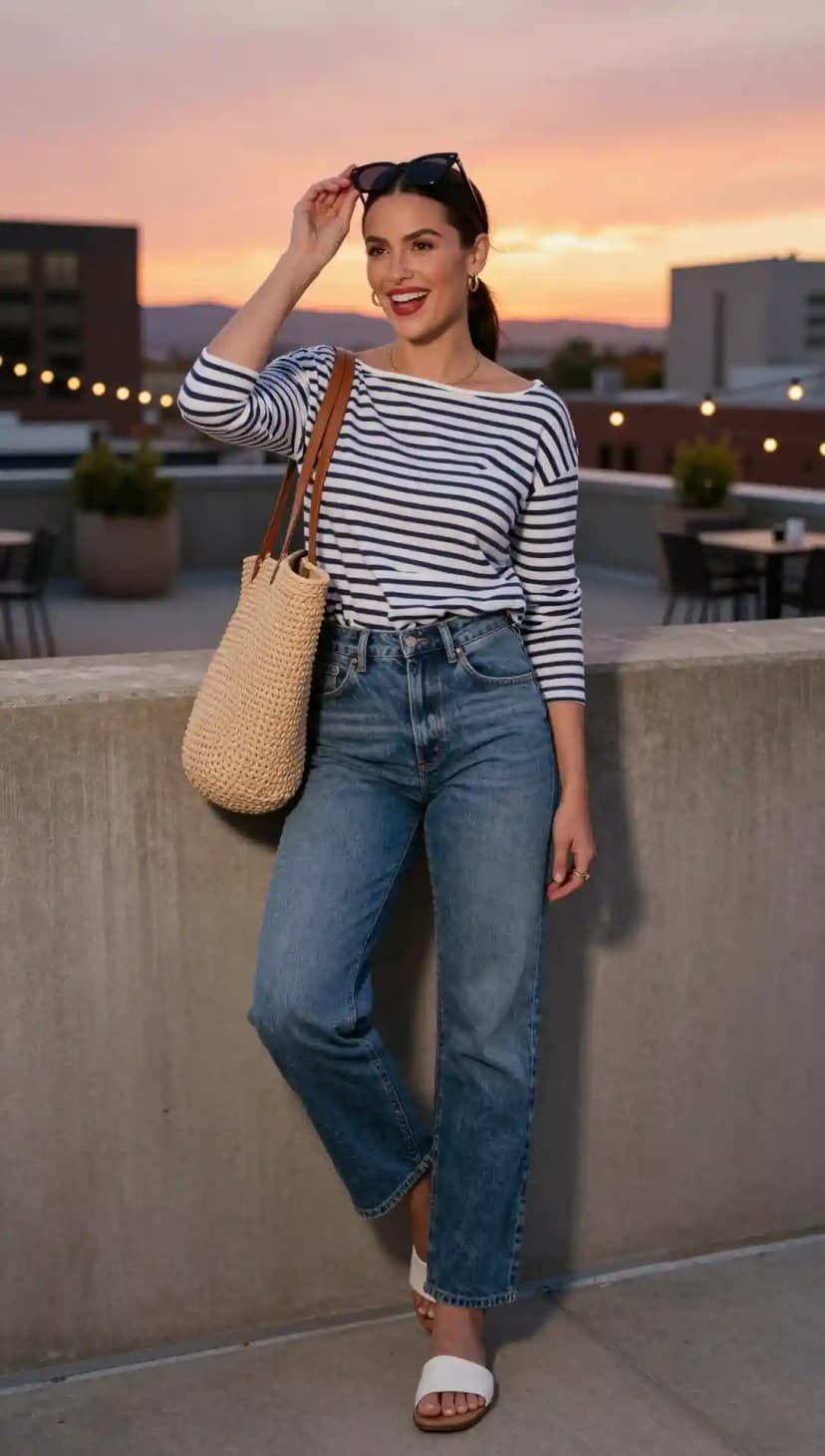 Striped Boatneck Top + High-Waisted Jeans + Straw Tote Bag