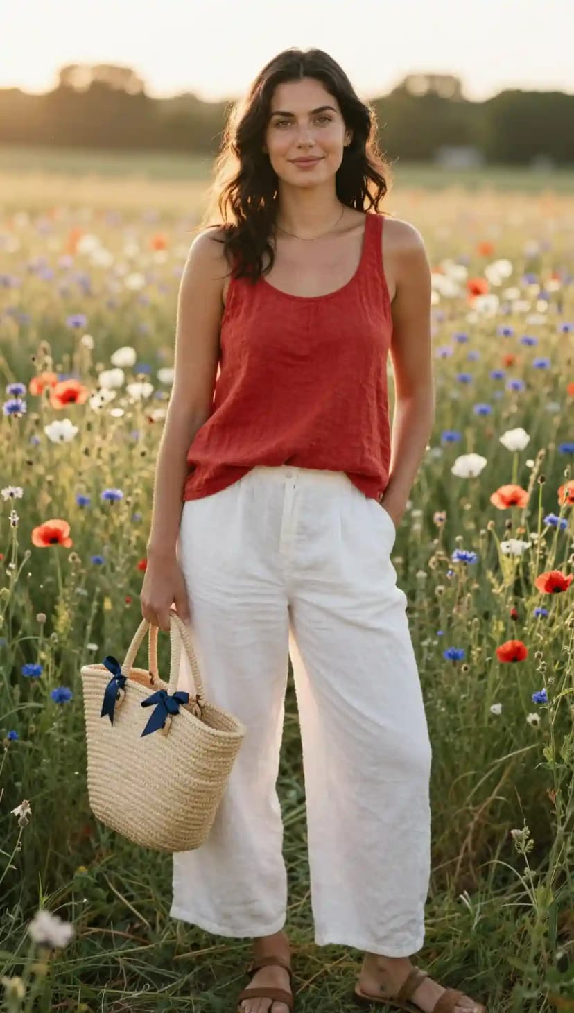 Red Linen Tank + White Linen Wide-Leg Pants + Straw Tote Bag