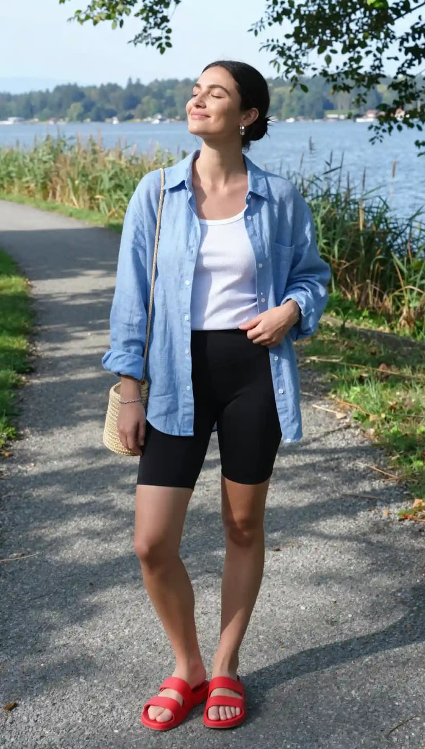 Blue Linen Shirt + White Tank Top + Black Bike Shorts + Red Slides