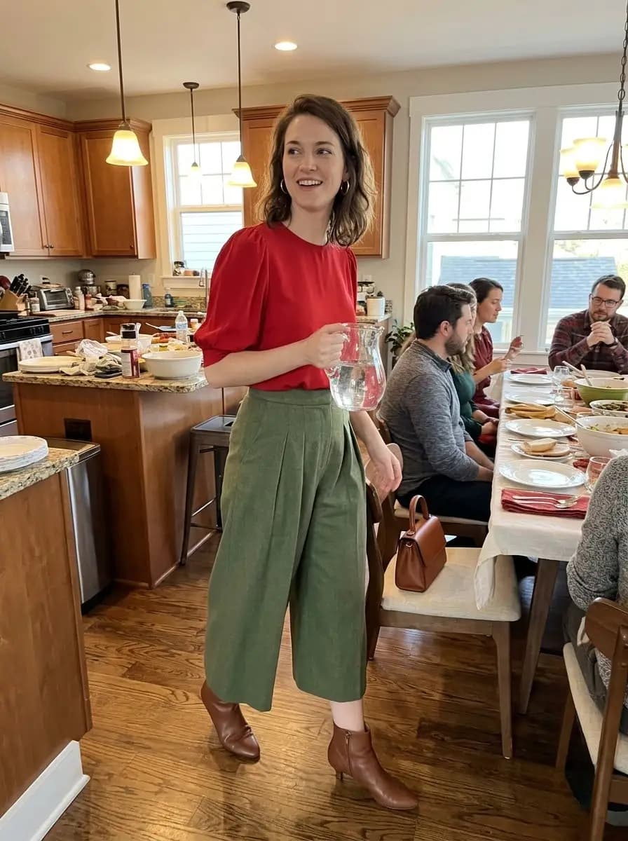 Warm red puff-sleeve top paired with olive green culottes and cognac ankle boots
