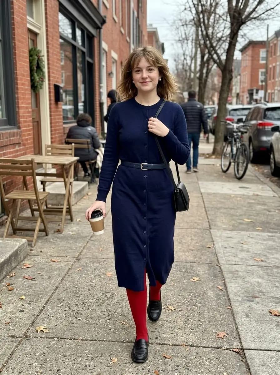 Navy button-front knit midi dress styled with bright red tights and black loafers