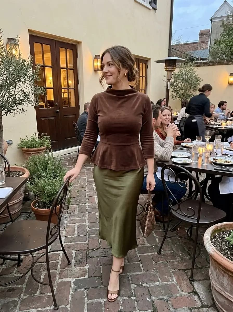 Chocolate brown velvet peplum top paired with an olive green satin midi skirt and heels