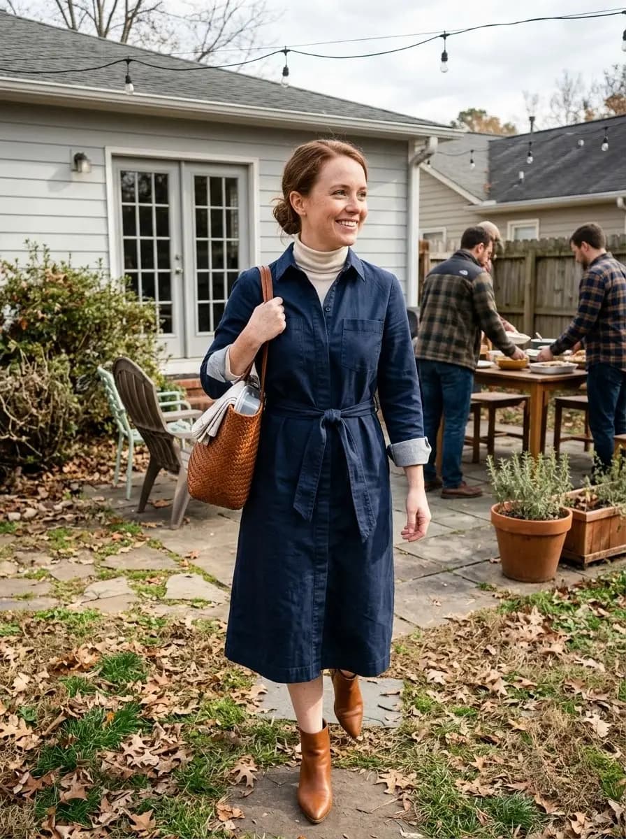 Ivory turtleneck layered under navy button-front shirtdress with tan knee-high boots