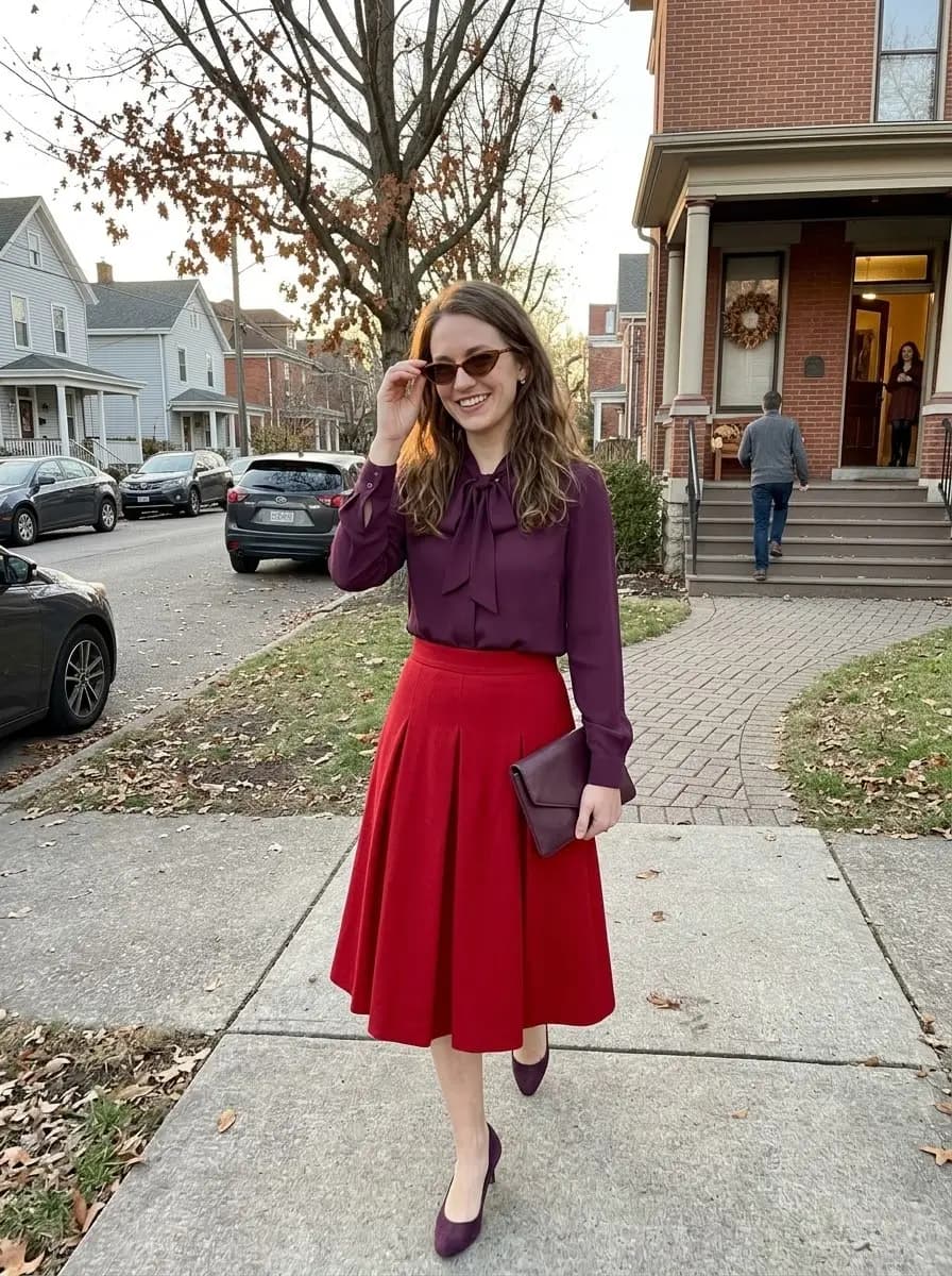 Plum bow-neck blouse tucked into a red pleated midi skirt with plum pointed heels