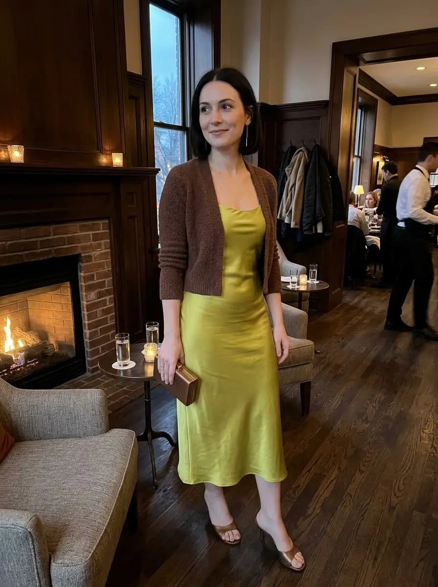 Cropped chocolate brown chenille cardigan over a lime green satin slip dress