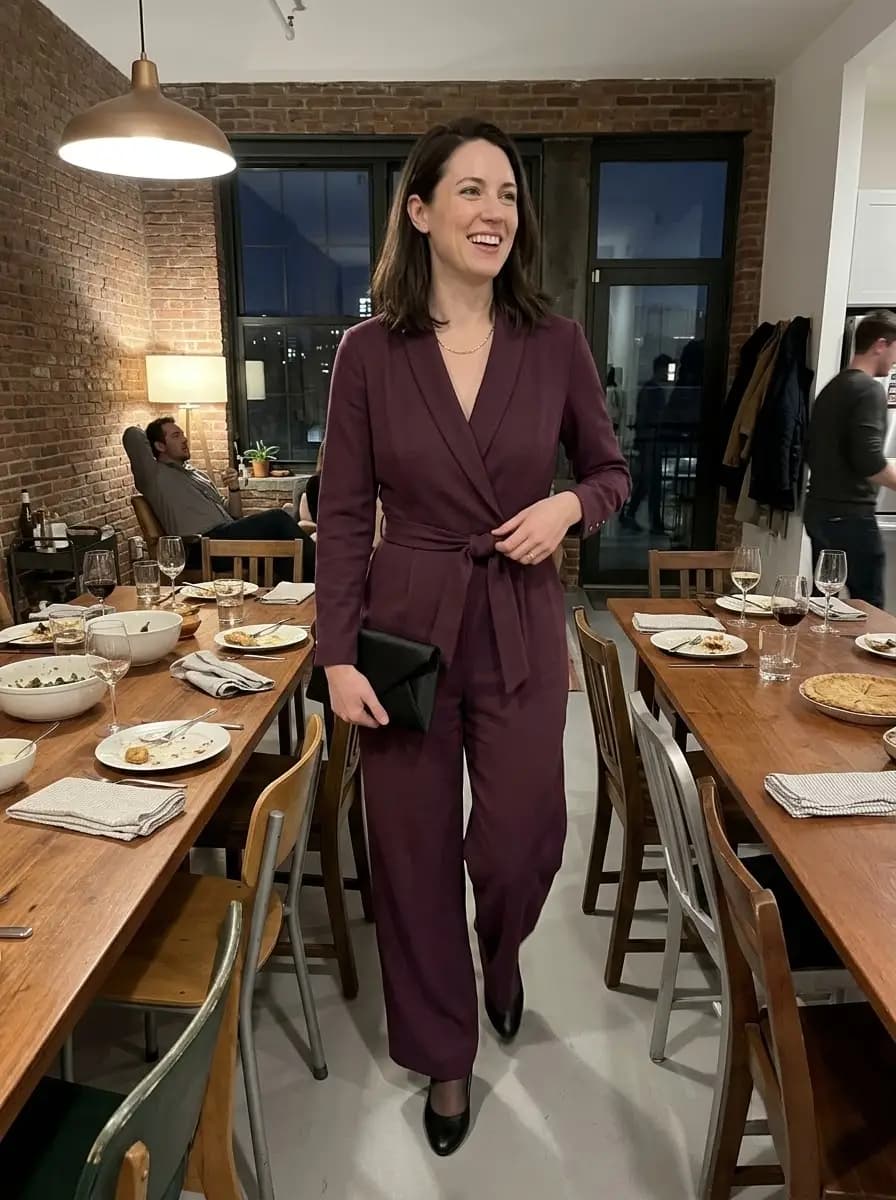 Tailored deep plum wrap jumpsuit with long sleeves and wide-leg trousers