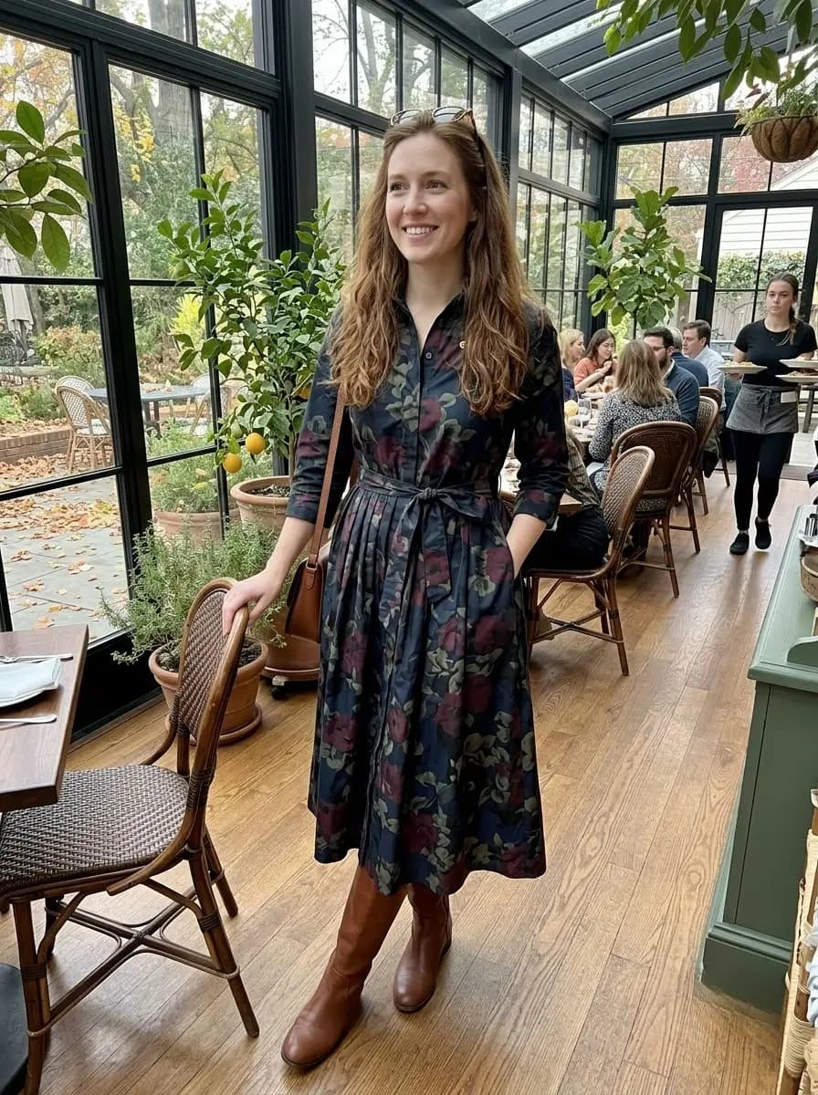 Navy floral print midi shirtdress tied at the waist with cognac knee-high boots