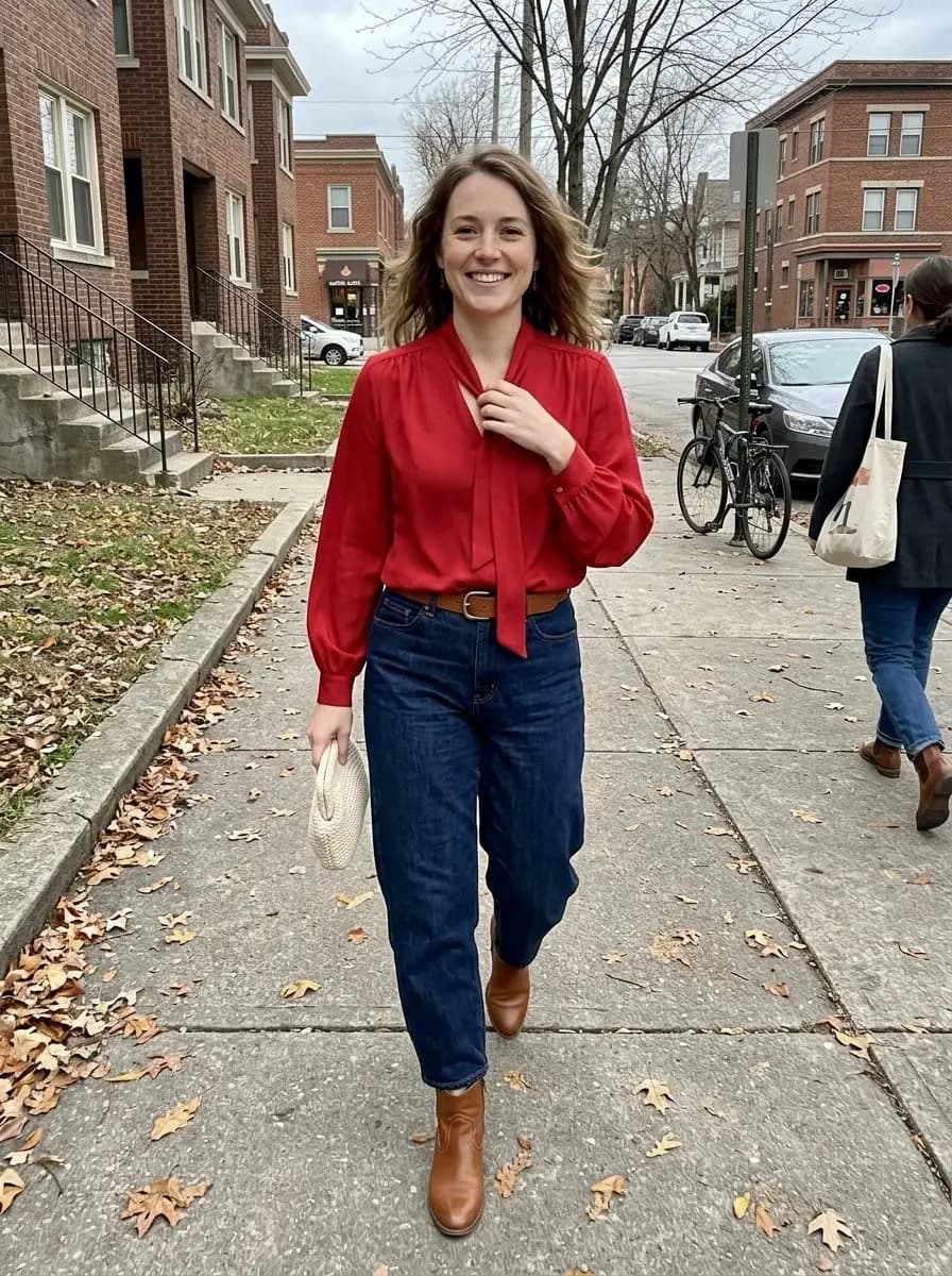 Vibrant red bow-neck blouse tucked into dark-wash relaxed jeans with brown ankle boots
