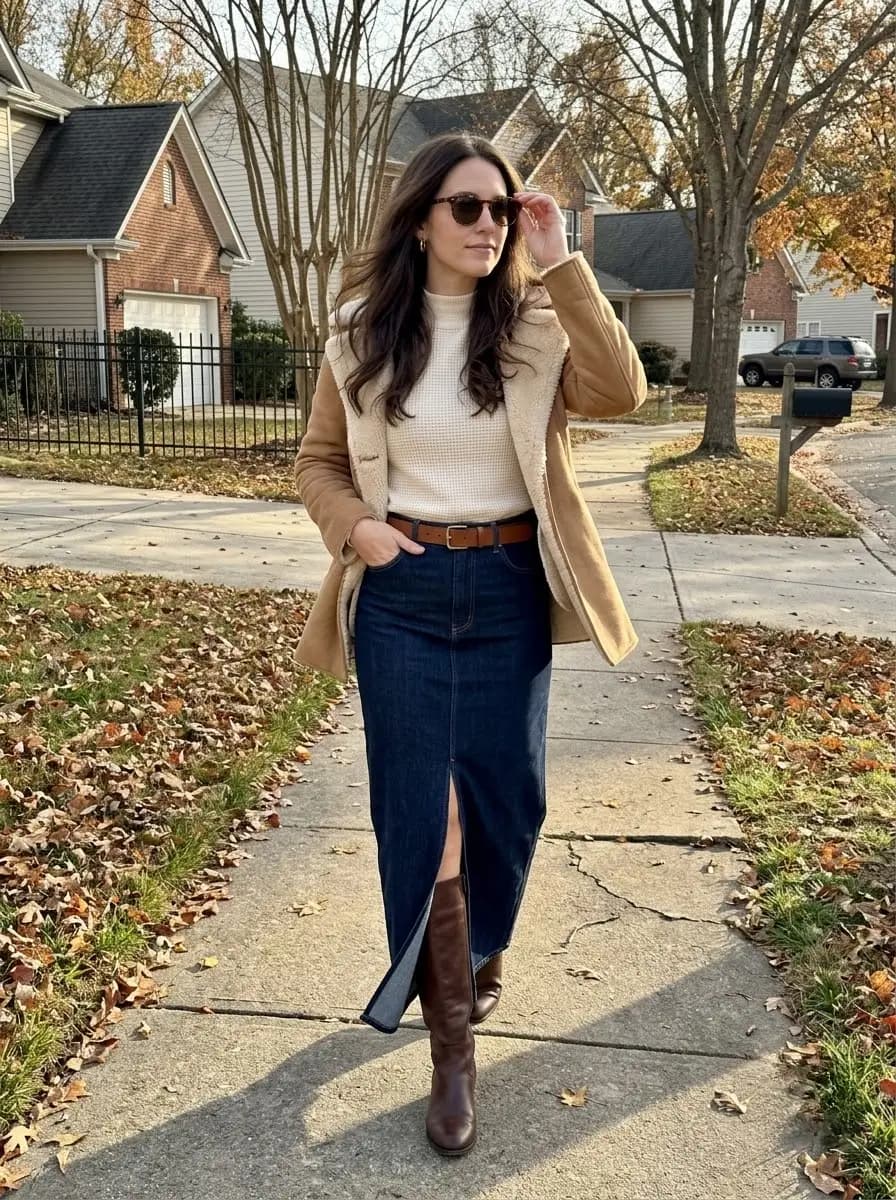 Cream waffle turtleneck and brown suede shearling jacket with dark denim maxi skirt