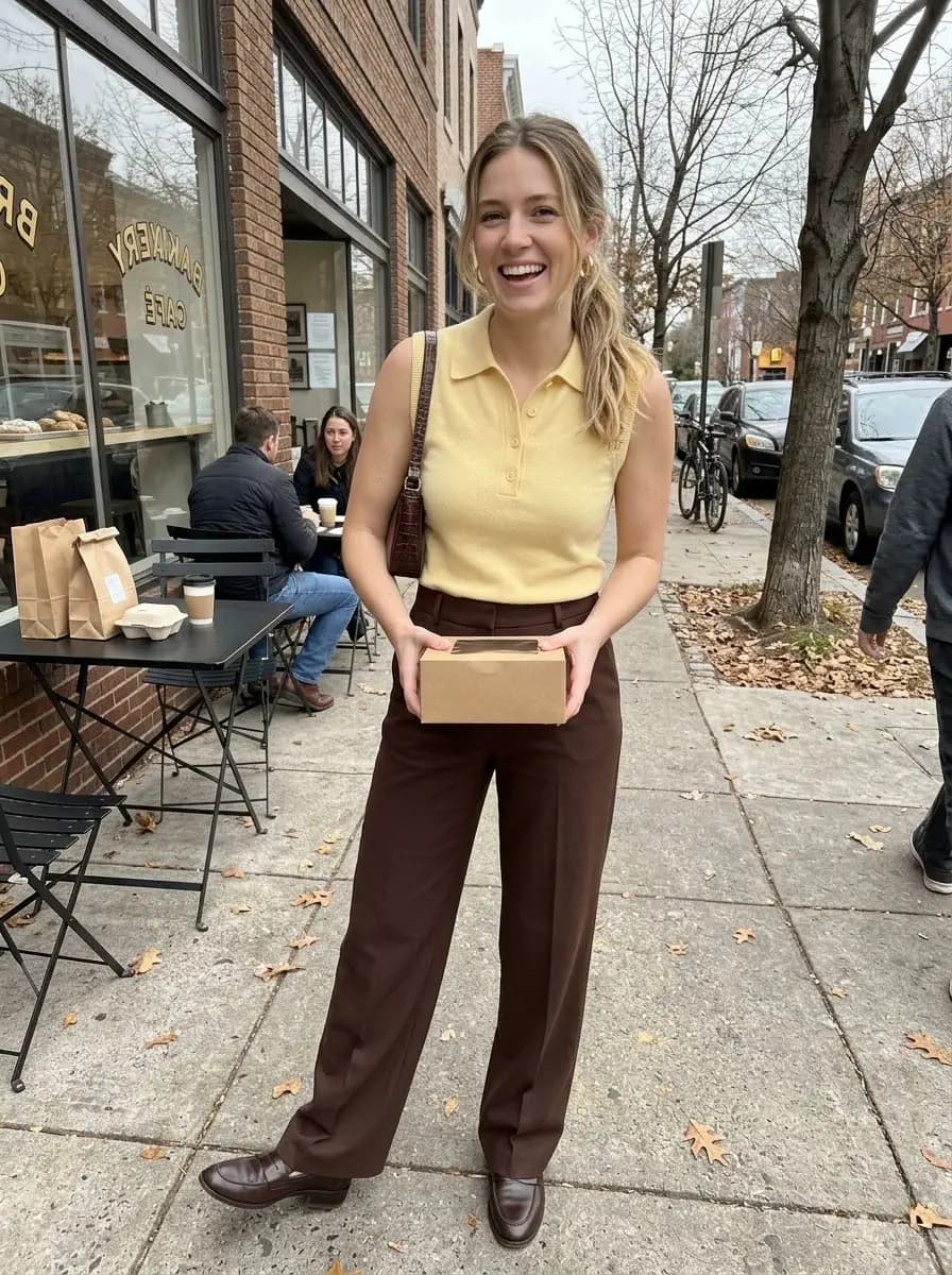 Butter yellow knit polo top tucked into chocolate brown wide-leg trousers