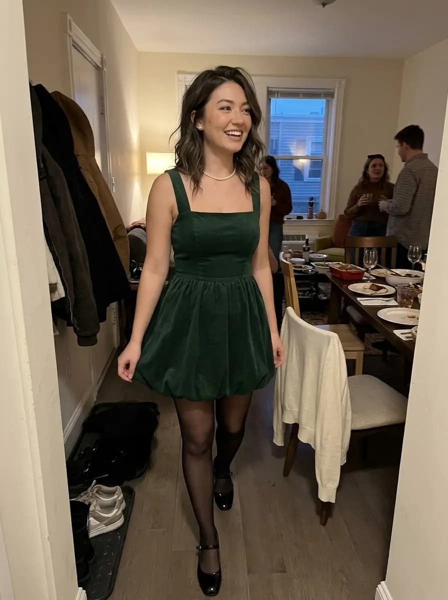 Forest green velvet bubble-hem mini dress with sheer black tights and patent heels