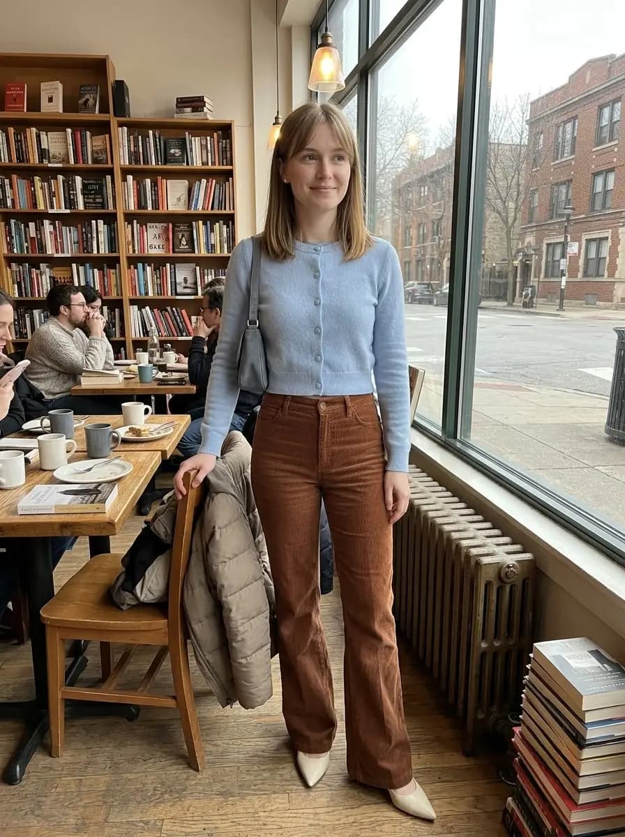 Light blue button-front cardigan tucked into high-waisted brown corduroy flared trousers
