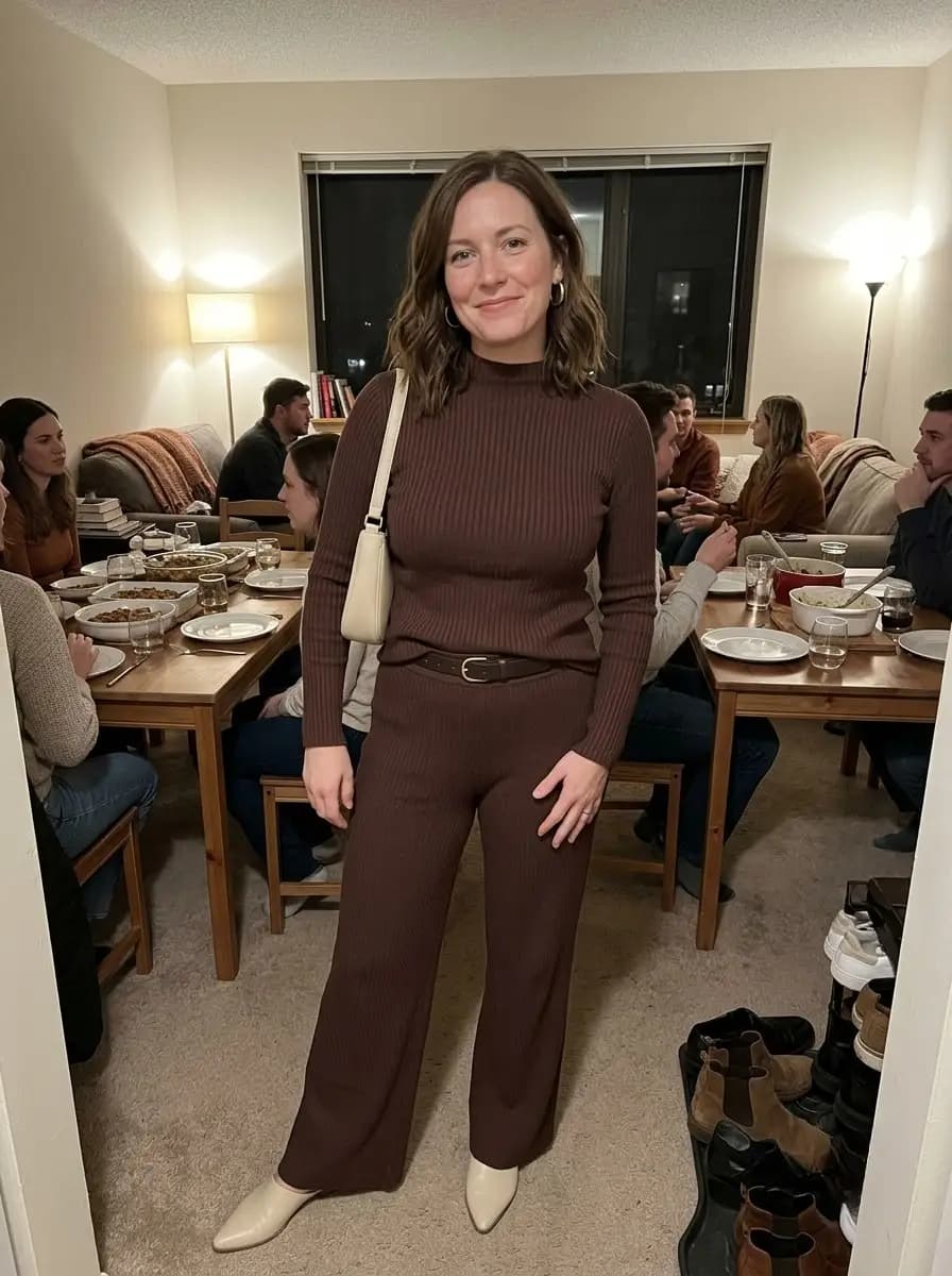 Matching brown ribbed turtleneck and wide-leg trousers set with cream ankle boots