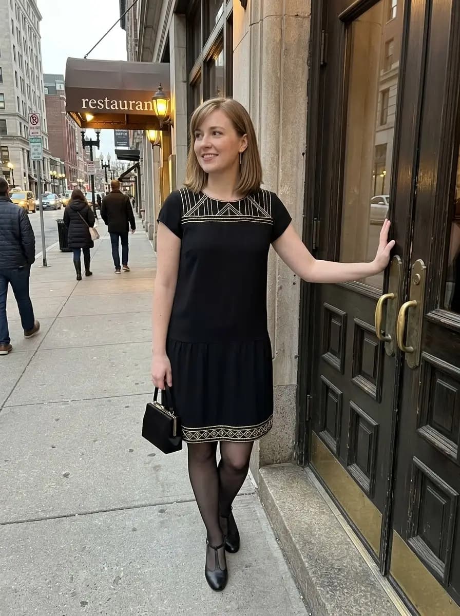 Black drop-waist mini dress detail, sheer tights, and T-strap heels