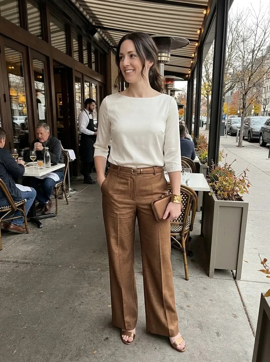 Ivory three-quarter sleeve top tucked into high-waisted caramel brown trousers