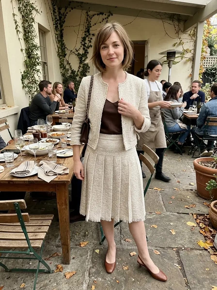 Cream tweed cropped jacket and pleated skirt set with a dark brown camisole underneath