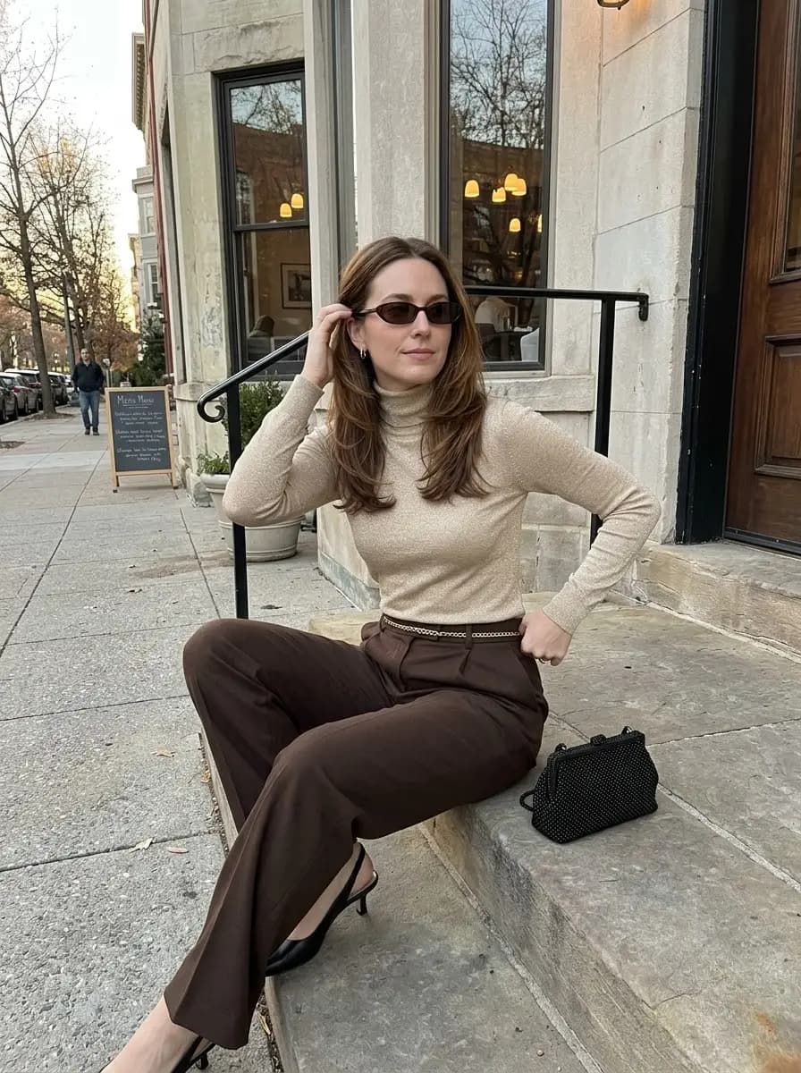Fine metallic gold sparkle turtleneck tucked into dark chocolate brown wide-leg trousers