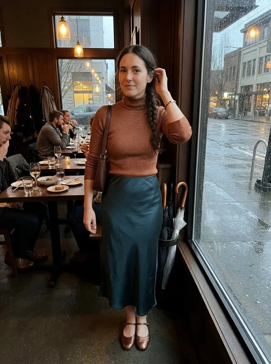 Rust-colored ribbed turtleneck top with a deep teal satin midi skirt and bronze flats