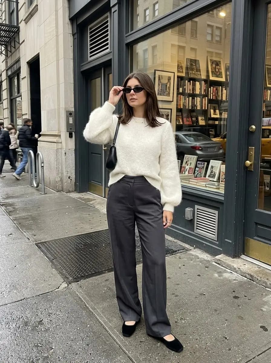 Fluffy cream sweater tucked into charcoal tailored wide-leg trousers with ballet flats