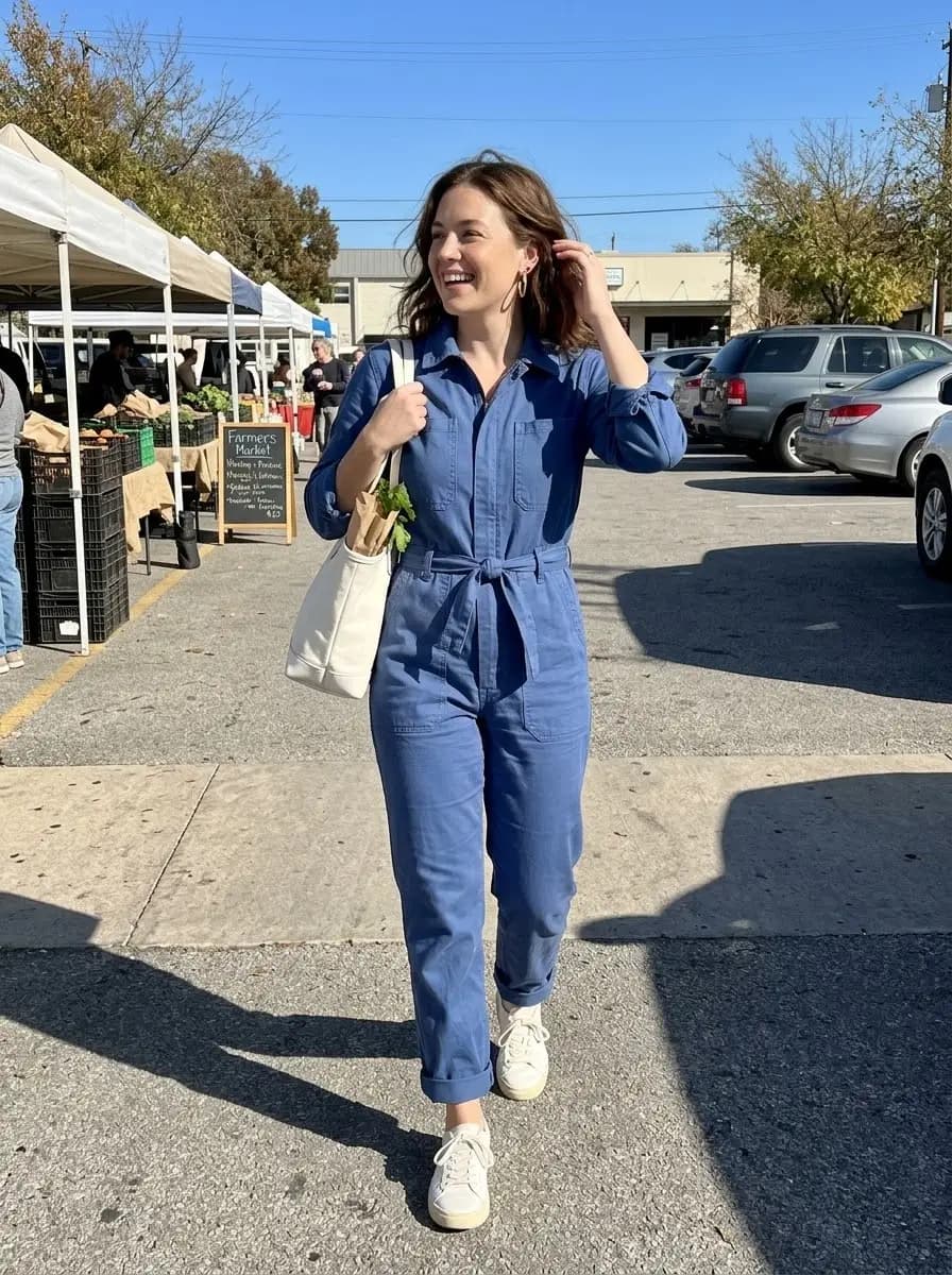 Blue denim jumpsuit with collared neckline and matching waist belt paired with cream sneakers